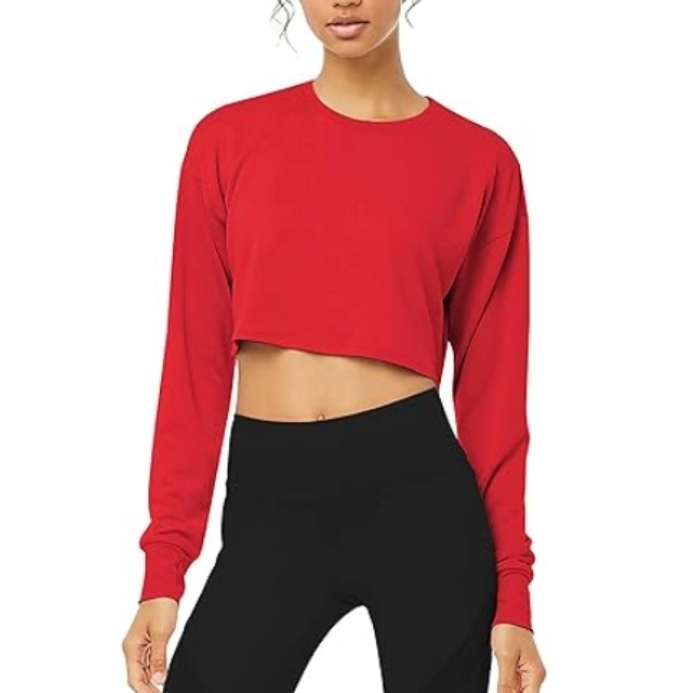 Bestisn Long Sleeve Crop Sweatshirt Top with Thumb Hole Red